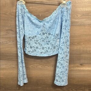 SHEIN Blue Lace Bell Sleeve Crop Blouse